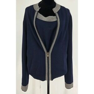 St John Sport 2pc Sweater Twin Set Large Navy White Gold Logo Santana Knit